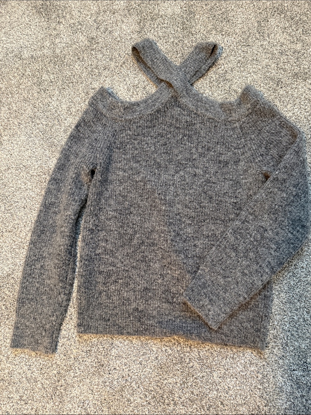 Dreamers Gray Off-Shoulder Knit Sweater with Crossed Straps